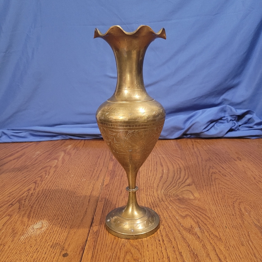 Vintage Etched Brass Pedestal Vase Scalloped Rim